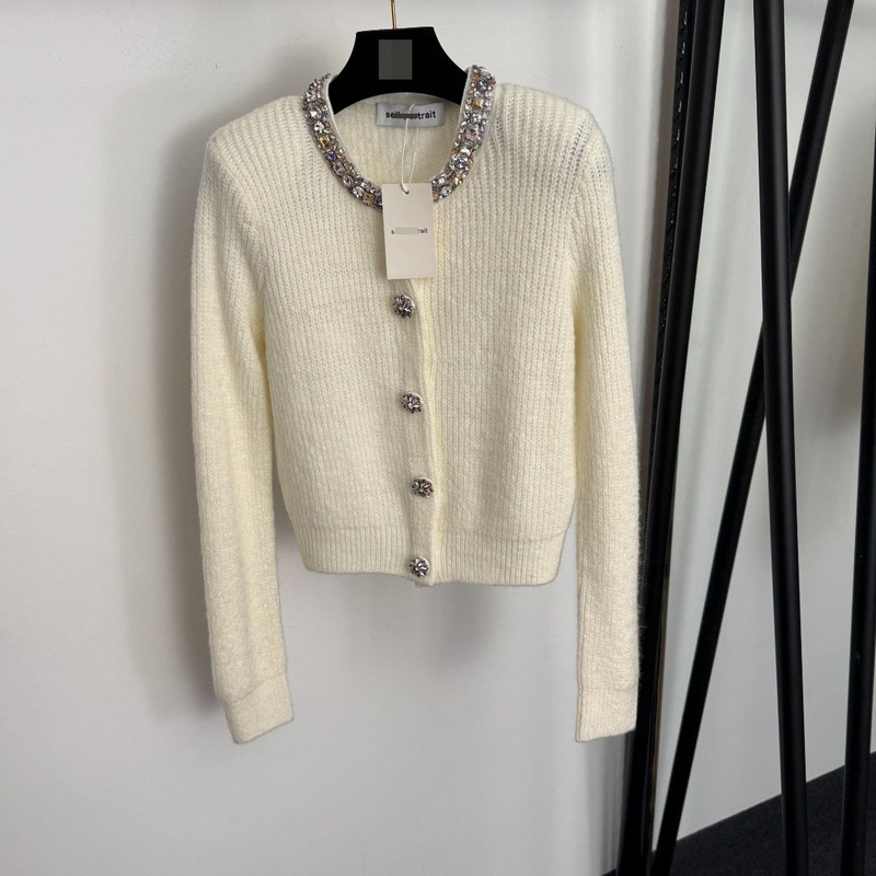 Shenzhen Nanyou High-End Foreign Trade Style Heavy-Duty Colorful Rhinestone Button Round Neck Long-Sleeve Knitted Cardigan with Shoulder Pads