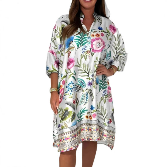 2025 European and American Cross-border Independent Station V-neck Fashion Casual Satin Printed Women Loose plus size Shirt dress