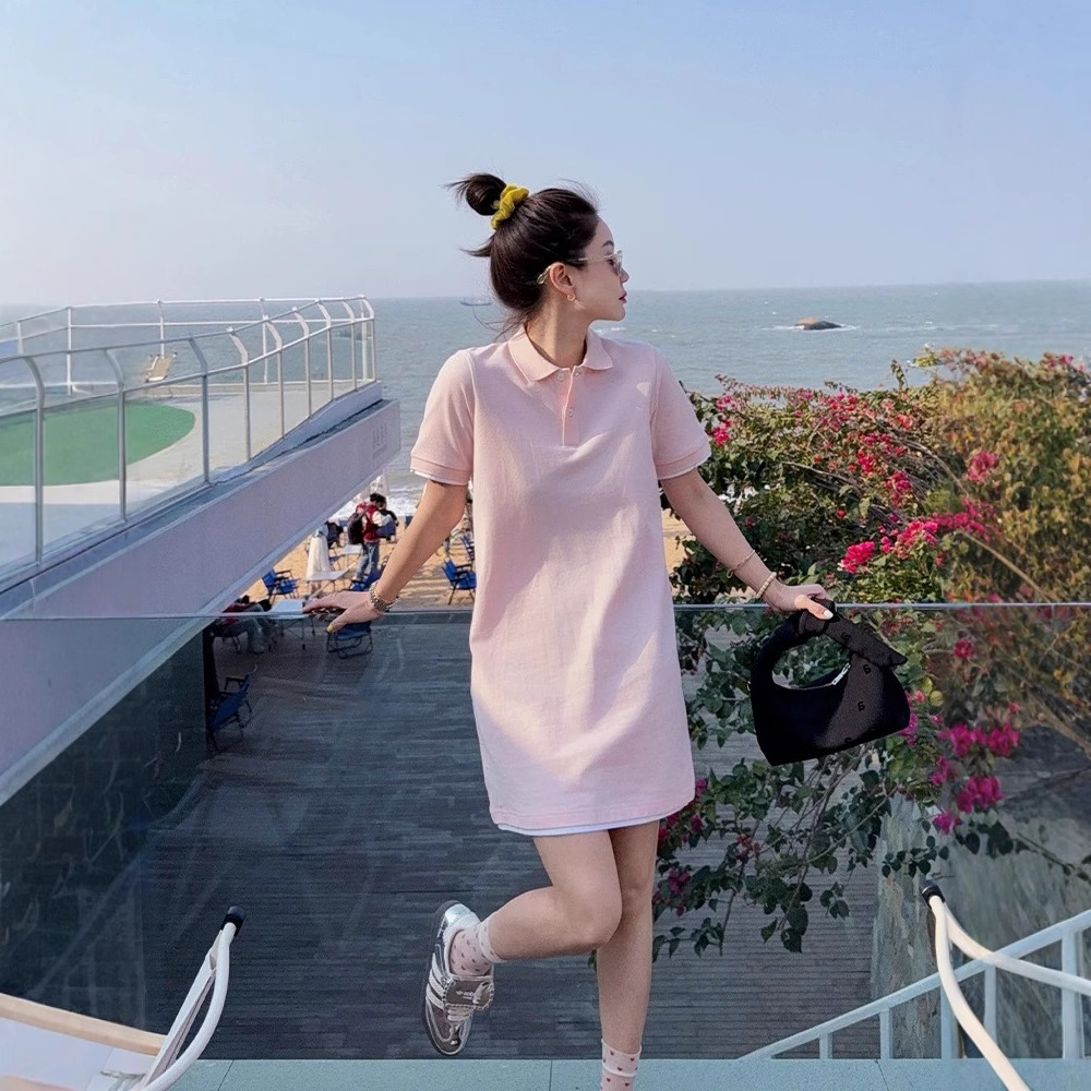 法式粉色短袖直筒连衣裙女夏季小个子韩版宽松显瘦减龄休闲polo裙