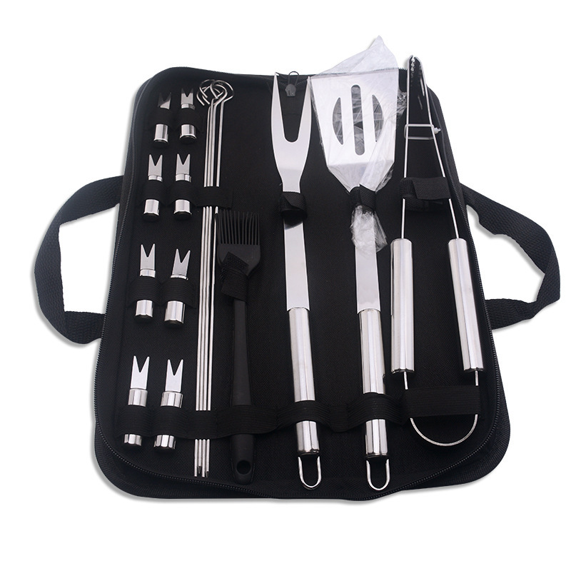 Amazon BBQ pala tenedor clips kebab aguja de maíz dieciséis piezas cubiertas bolsa de tela conjunto de parrilla de acero inoxidable