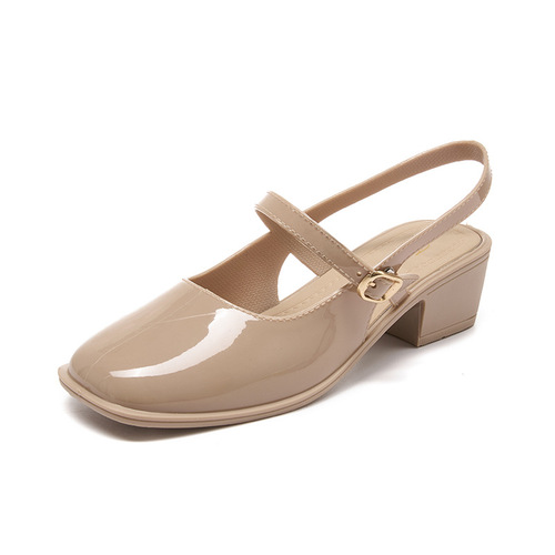 Spring/Summer New Closed-Toe High-Heel Shoes for Women, All-Match Mary Jane Chunky-Heel Sandals, Open-Back Low-Cut Single-Layer Shoes with Square Toe for Women