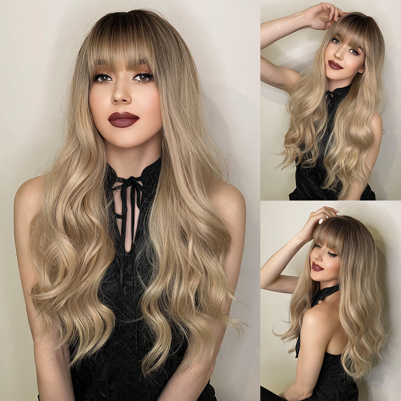 European and American Popular Brown Wig, Gradient Wig, Long Curly Hair, Fashionable Layered with Bangs Wigs European and American Popular Brown Wig, Gradient Wig, Long Curly Hair, Fashionable Layered with Bangs Wigs