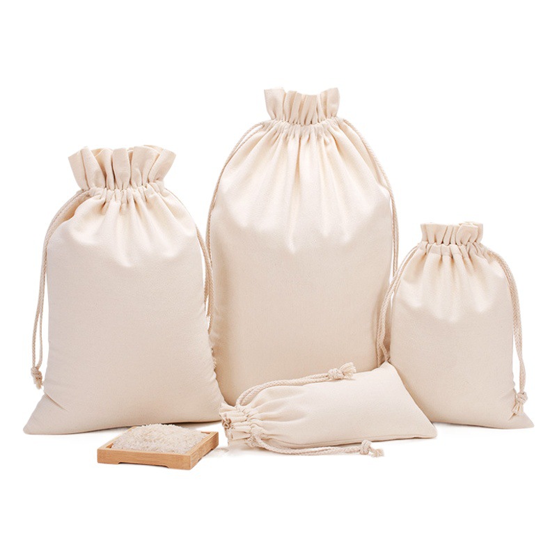 Bolsa de embalaje de arroz de protección del medio ambiente granos de alimentos Fábrica al por mayor cordón lienzo bolsa de arroz en blanco