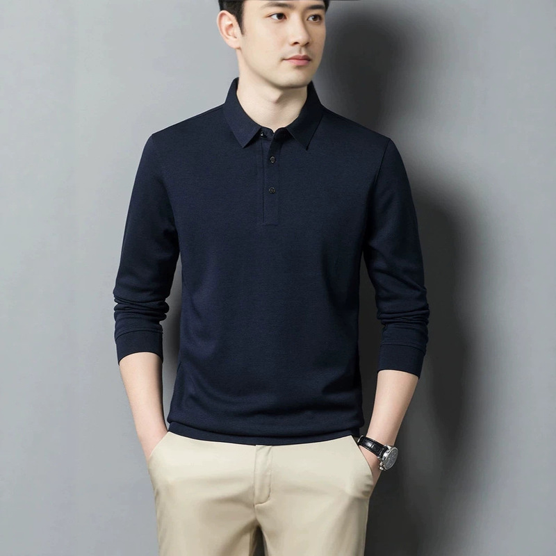 Autumn Men's Long-Sleeved T-Shirt, Middle-Aged Men's Wool-Blend Lapel T-Shirt, Brand Men's High-End New Product T-Shirt for Men