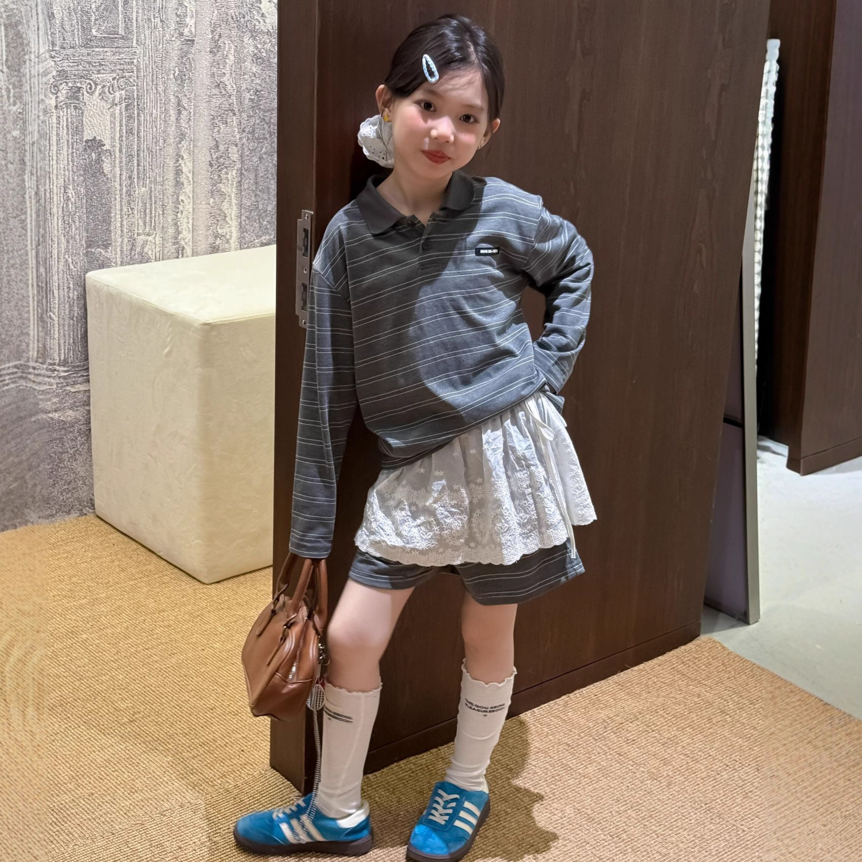 童套装2025秋季新款女童翻领polo衫条纹长袖+条纹短裤时尚两件套