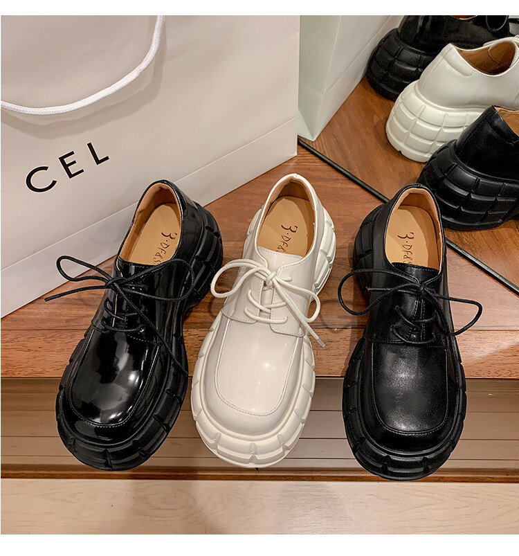 Giày lười nữ da bò phối dây buộc chéo đế xuồng platform phong cách Anh quốc — Màu Đen Hạt mở viền, Màu đen da bò mờ, Màu trắng chi tiết 62