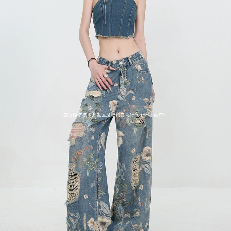 ABWEAR оригинальные летние новые рваные джинсы в американском стиле ретро с принтом, женские свободные прямые широкие брюки длиной до пола