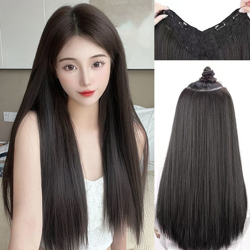 Wig Women's Medium-Long Hair One-Piece V-Shaped Hair Extensions Natural Fluffy Artificial Hair Long Straight Hair Invisible U Patch Wig