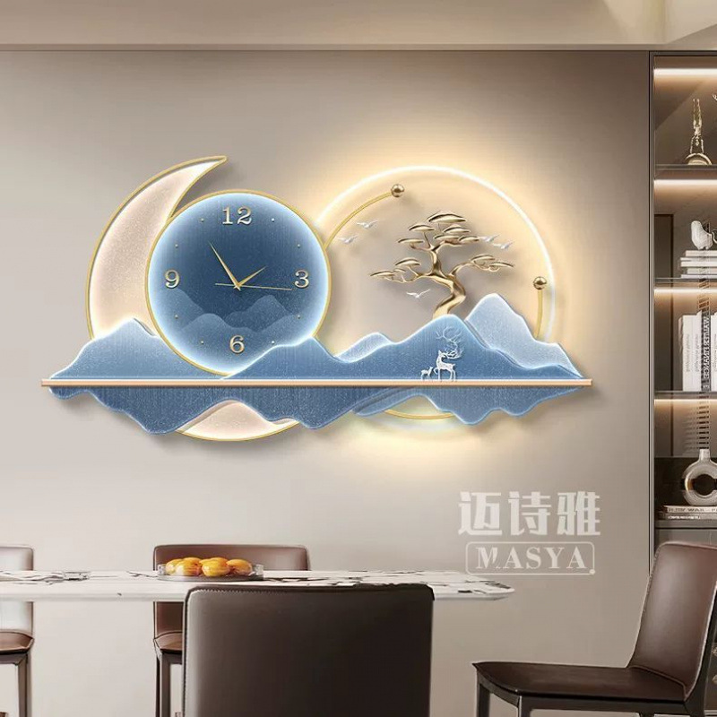 2025 nuevo estilo de pintura de decoración del restaurante reloj de lujo moderno reloj de pared de fondo de la sala de estar reloj creativo lámpara de pared pintura