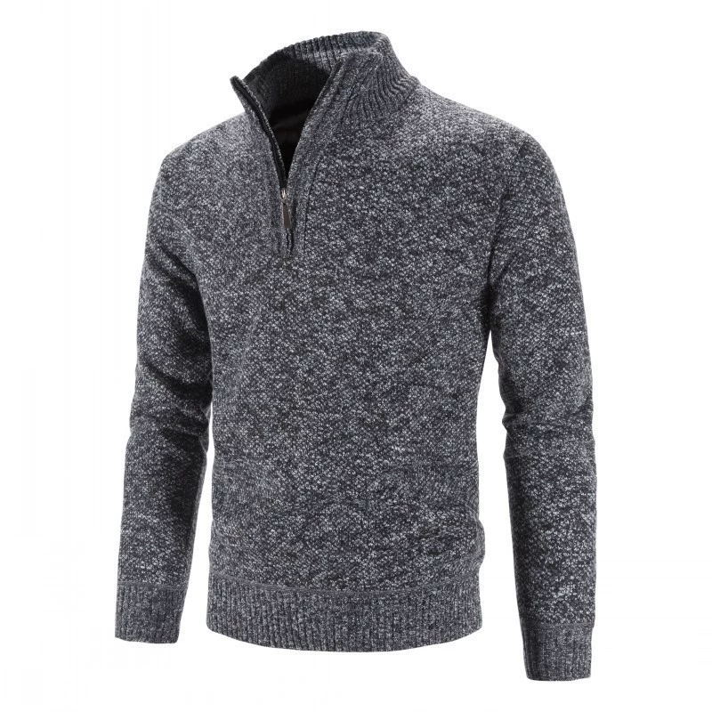 ウール混ニットジップセーター、スタンドカラー、リブ袖、色展開ブルー/レッド/グレー/ブラウン、M–3XL