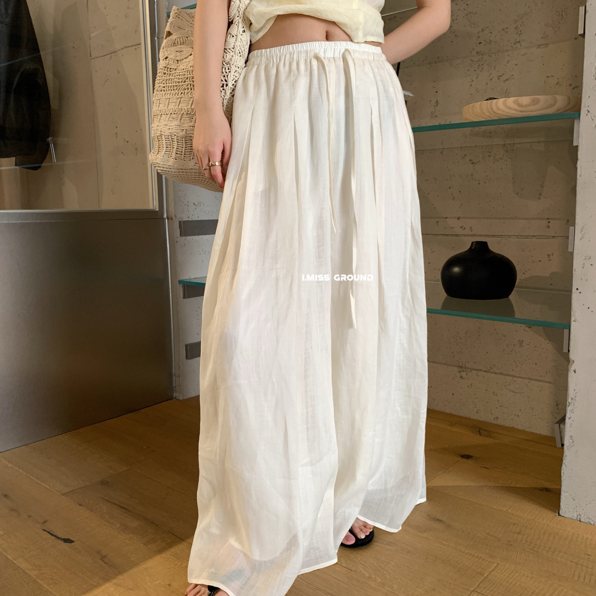 Quần culottes ống rộng chất liệu ramie mát mẻ, cạp chun, phong cách nghỉ dưỡng — màu hồng, Màu xanh sữa, màu mơ
