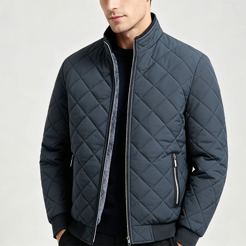 Cross-Border Foreign Trade Men's Quilted Cotton Jacket with Fleece Lining, Thickened, Loose Fit, Stand Collar, Simple and Versatile Autumn and Winter Men's Top