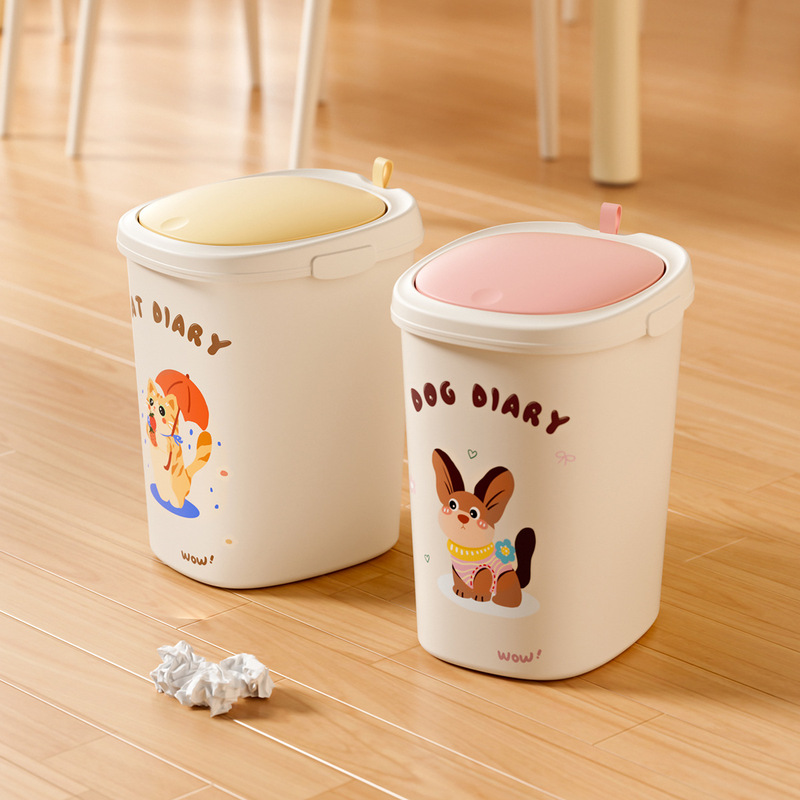 Bathroom Push-Type Trash Can, Living Room, Bedroom, Paper Basket with Lid, Household Large-Capacity Toilet Flip-Top Kitchen, Cute