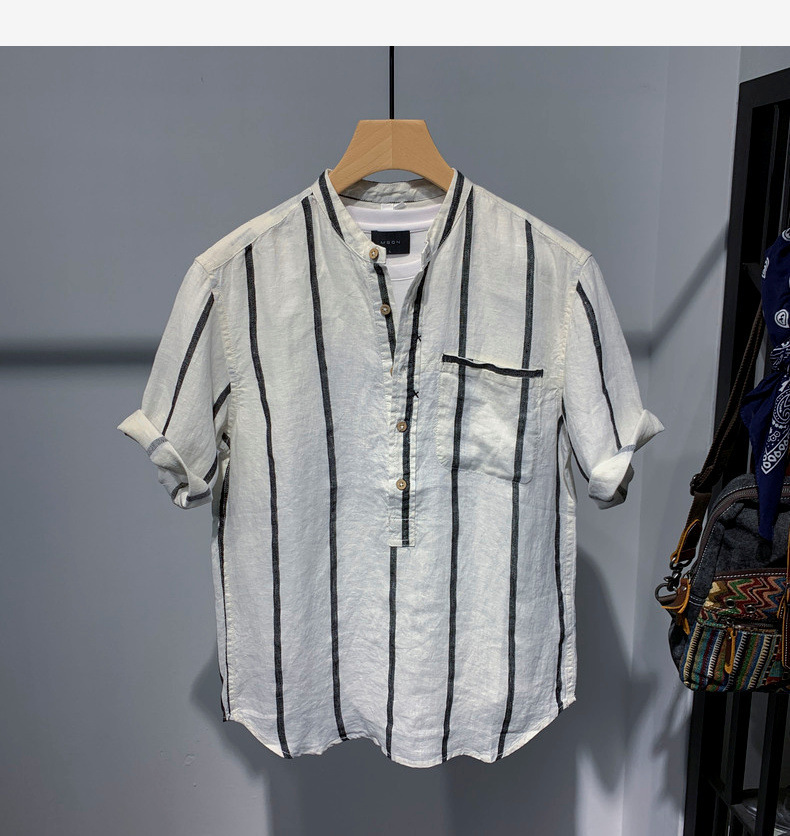 Camisa de manga corta japonesa a rayas de los hombres de moda de verano flojo Delgado collar de pie camisa camiseta de moda pulgadas ropa de los hombres