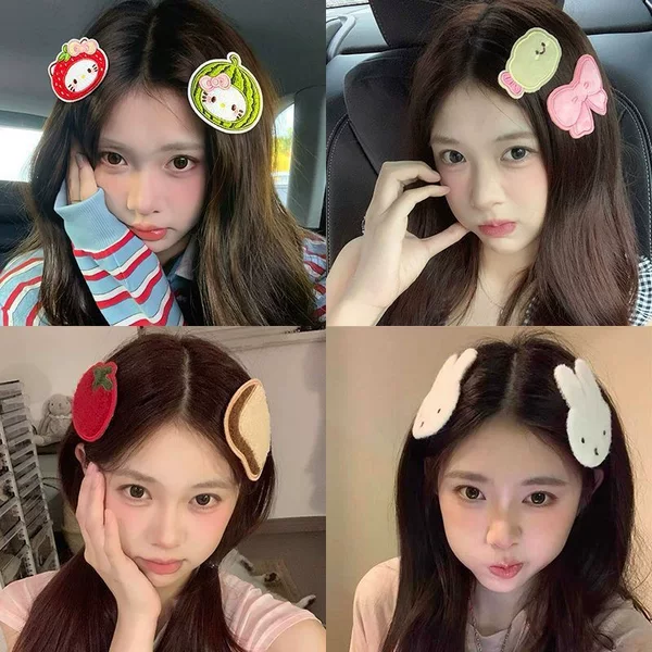 Cartoon fruit cat magic tape, sweet girly heart-shaped fringe hair clip, seamless hair clip, hair accessory