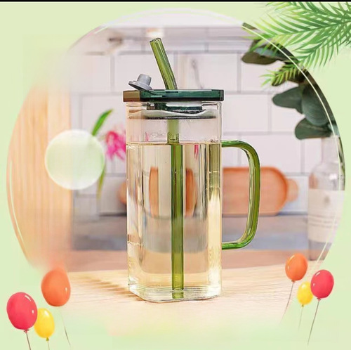 Square glass cup with handle, home use, Instagram high-end, straw water cup for women, high-temperature resistant, flat bottom, heatable cup