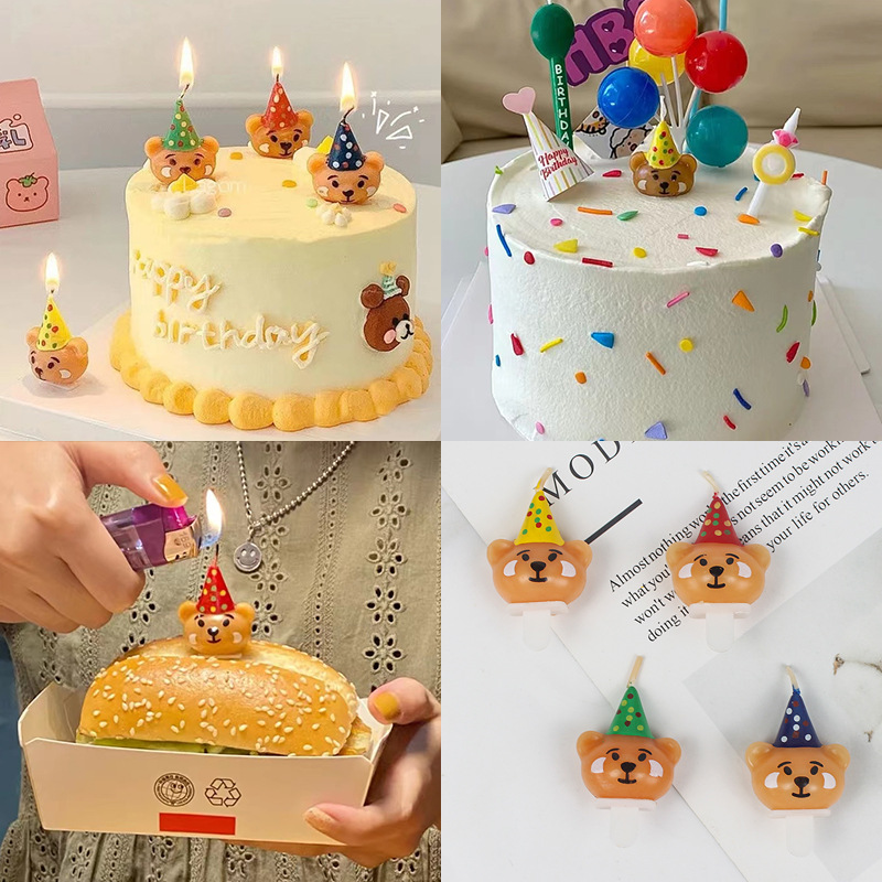 卡通韓式彩色點點生日帽小熊蠟燭寶寶兒童生日蛋糕烘焙裝飾插件