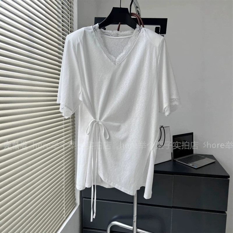 Snowflake Cotton Lace Plus Size 120kg Short-Sleeved T-Shirt V-Neck Tie Waist Slit Design Top Women's Summer Wear