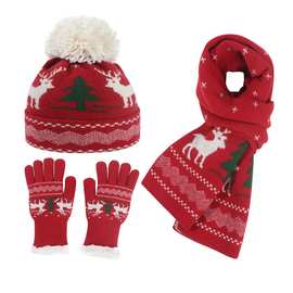 冬季新款亚马逊欧美女士圣诞针织帽子手套围巾三件套加厚毛线帽子