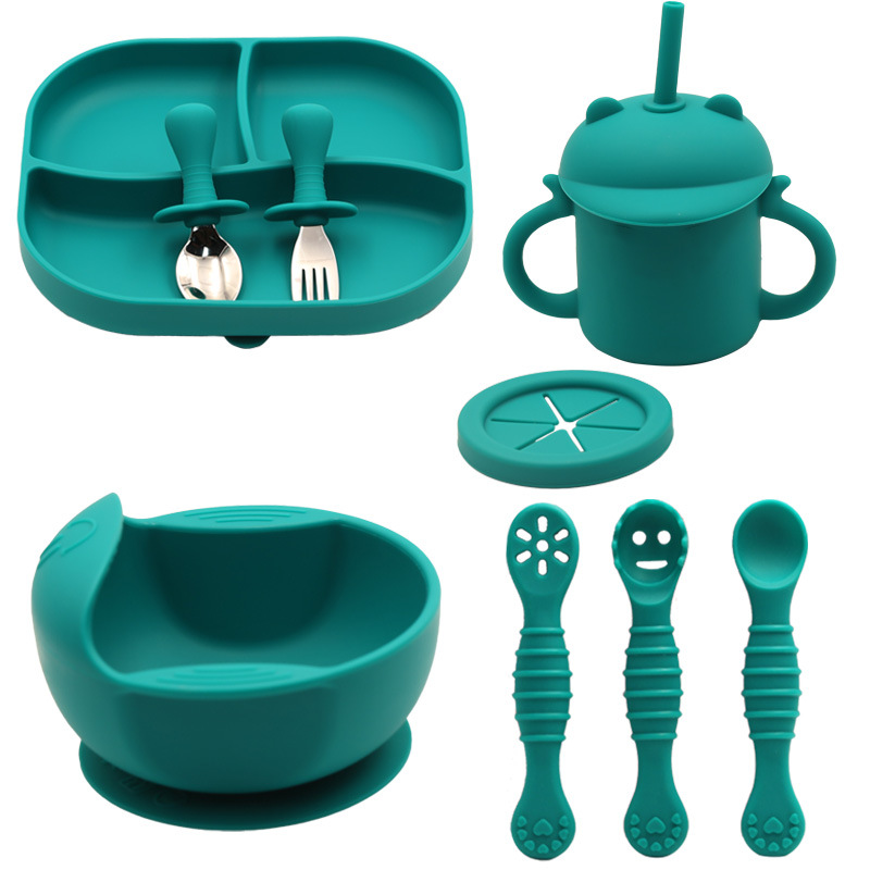 New Silicone Tableware Set for Kidsren with Divided Suction Cups, Bowls and Spoons, Baby Feeding Supplementary Food Tableware 5-Piece Set