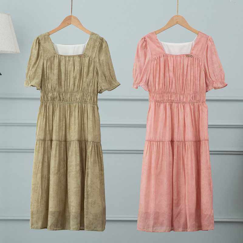 Lyocell Tencel Green Puff Sleeve Waist-Cinching Dress for Women 2026 Summer New Style Exquisite Long Dress for Formal Occasions