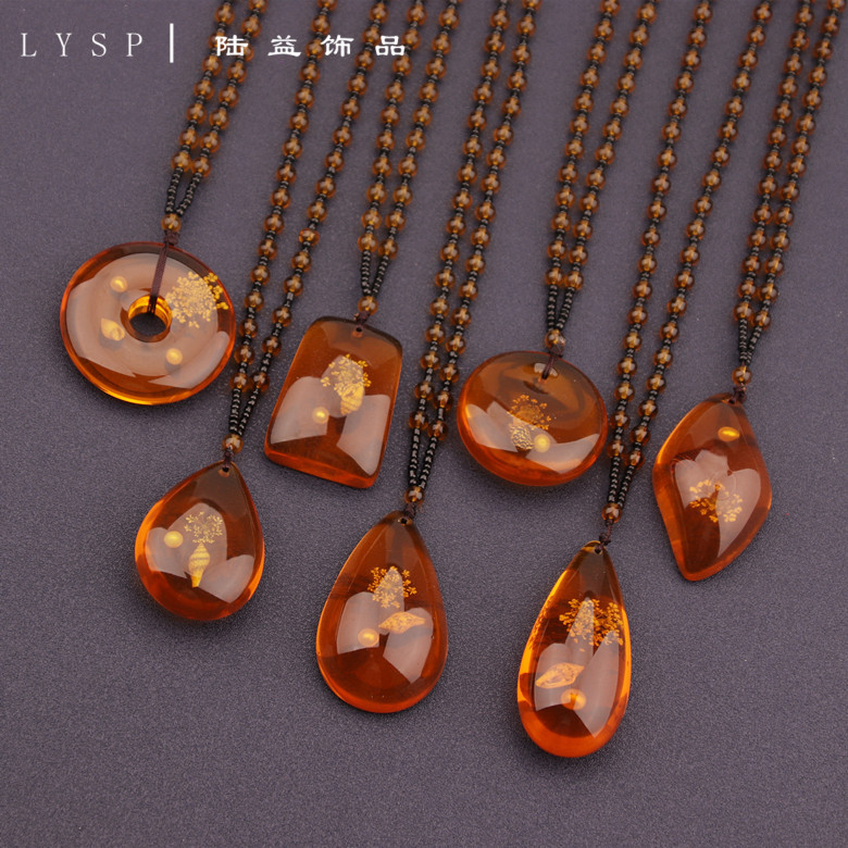 巴西植物化石毛衣链新款仿琥珀蜜蜡水滴平安扣吊坠民族风景区项链