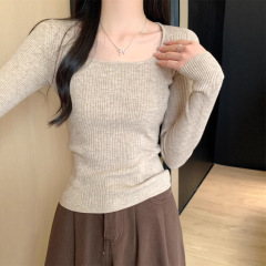 方领针织打底衫女春秋2025新款洋气内搭毛衣修身显瘦休闲长袖上衣