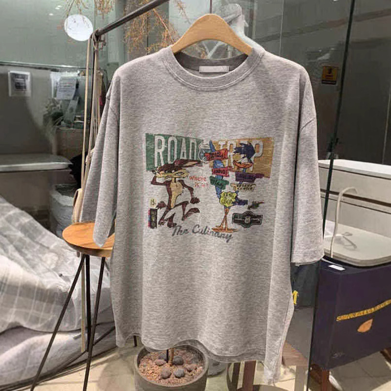 chubby girl Grey Cartoon Letters Mid-length Pure Cotton Short-sleeved T-shirt Women's Summer New Ins Extrammely Large Size Loose Top Trendy