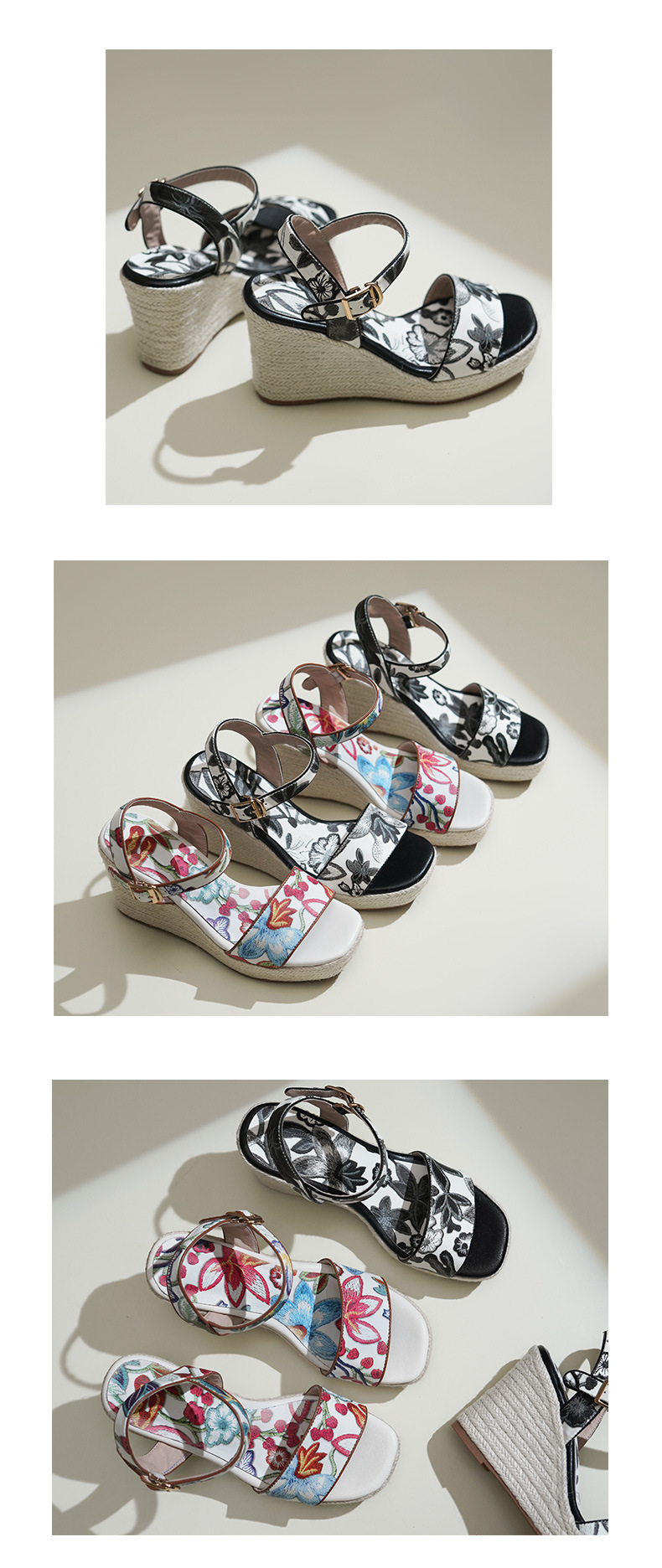 Sandal nữ hở mũi gót nêm cao 7 cm đế cói in hoa boho — màu đen, màu trắng chi tiết 7