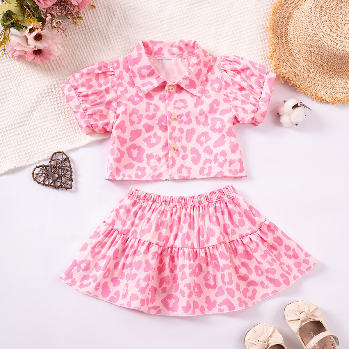 Cross-border New Girls' Summer Short Skirt suit Sweet Spotted Print Shirt Top Cute Skirt Casual Thin