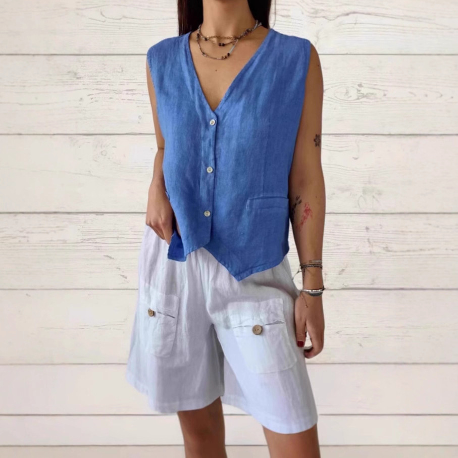 2025 New Summer European and American Export Women's Sleeveless Pure Color Vest Cotton and Linen Vest Loose Top Single-Breasted Women