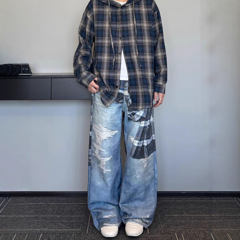 American Retro Washed 3D Digital Shirt Lace-Up Printed Wide-Leg Jeans Men's Loose Straight Casual Long Pants