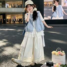 女童套装夏薄款2026新款儿童韩系超好看格纹蓝色马甲外套宝宝长裤