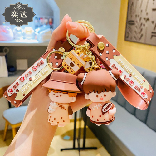 Cartoon Milk Tea Couple Keychain Figurine Car Keychain Silicone Accessory Cute Bag Decoration Wholesale