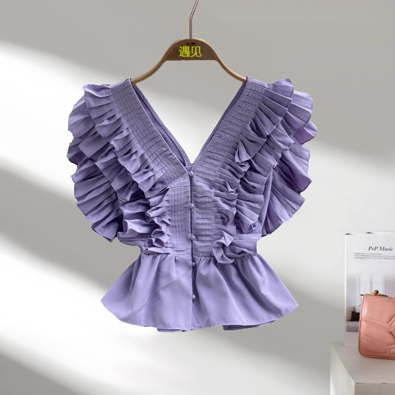 French Style Light Luxury Exquisite New Niche Tight Waist Slimming V-Neck Shirt for Women Red Pleated Ruffled Sleeveless Top