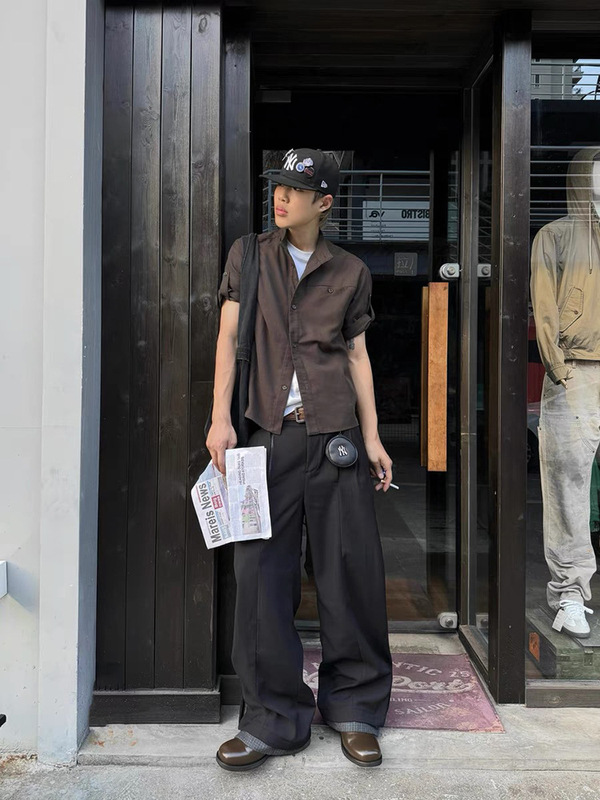 高货 裤脚拼接千鸟格破缝双褶A字直筒西裤拖地垂感老钱风休闲长裤|undefined