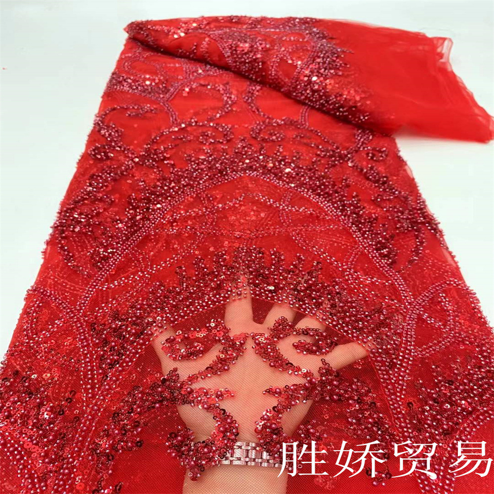 钉珠蕾丝面料珠管亮片刺绣婚纱礼服布料Bridal lace fabric dress