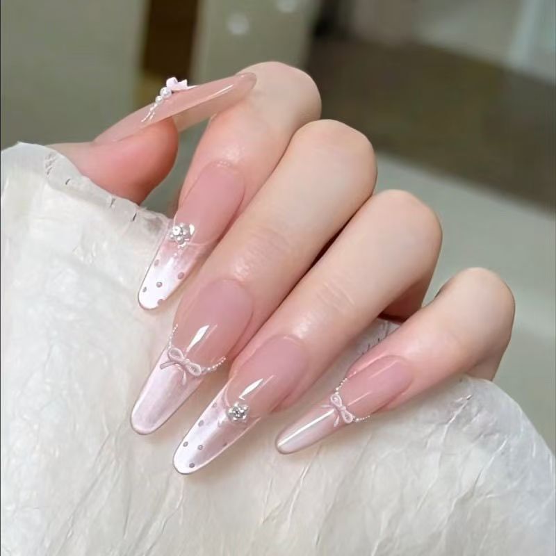 Wearable Nails, Pure Handmade, Sweet Girly Heart, Pearl French Bow, Cat Eye Nail Stickers, Gentle and High-End Manicure