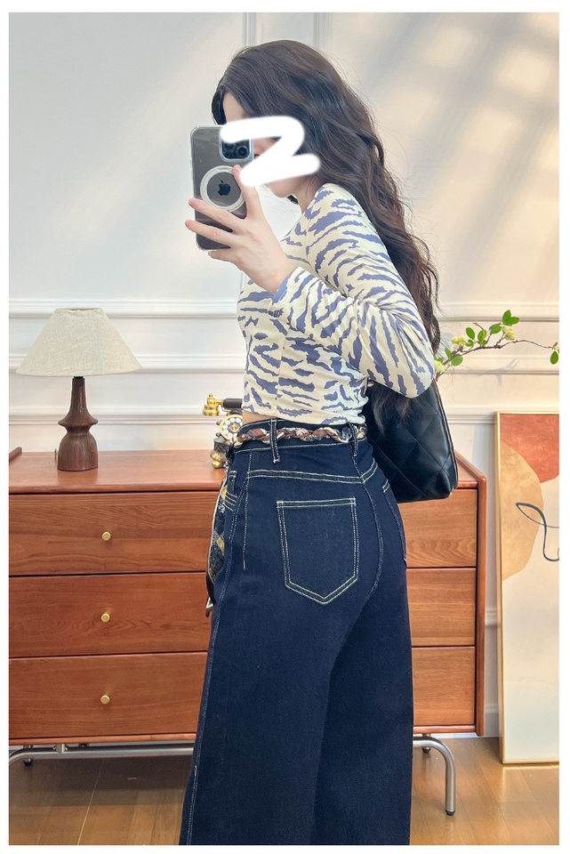 Quần jean nữ ống loe cạp cao co giãn, denim lót lông cừu mùa đông — Màu xanh vàng đen kéo dài, Quần xanh đen vàng, Retro màu xanh chín điểm, Vàng đen xanh chín điểm chi tiết 12