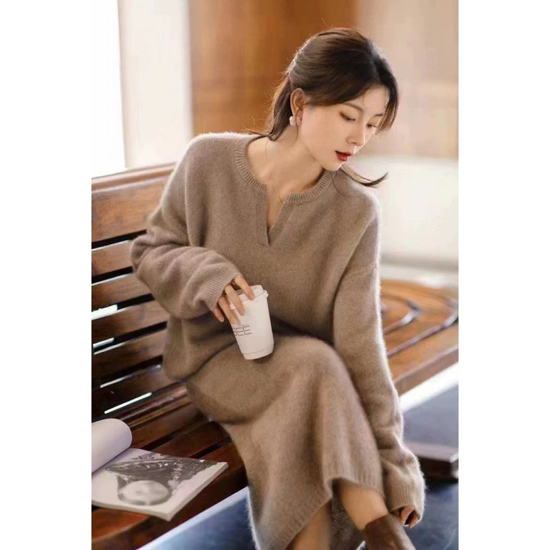 2022 Новый утолщенный костюм, однотонный костюм из двух частей, свободный свитер с вырезом ПОЛО, платье с юбкой на бедрах