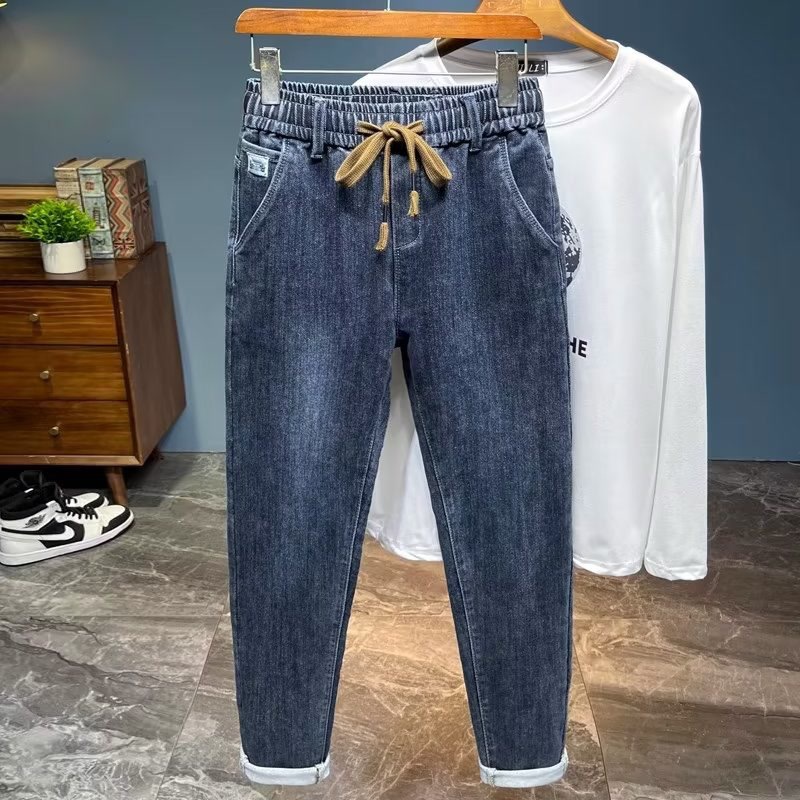 Summer Elastic Waistband Long Jeans for Men, Loose Elastic Small Feet, Soft Drawstring, Versatile Spring & Fall Casual Harem Pants