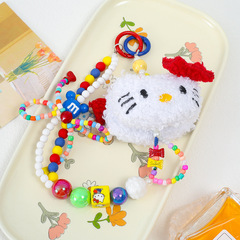 毛絨少女貓咪彩珠手機鏈手機繩創意掛件包包掛飾鑰匙扣