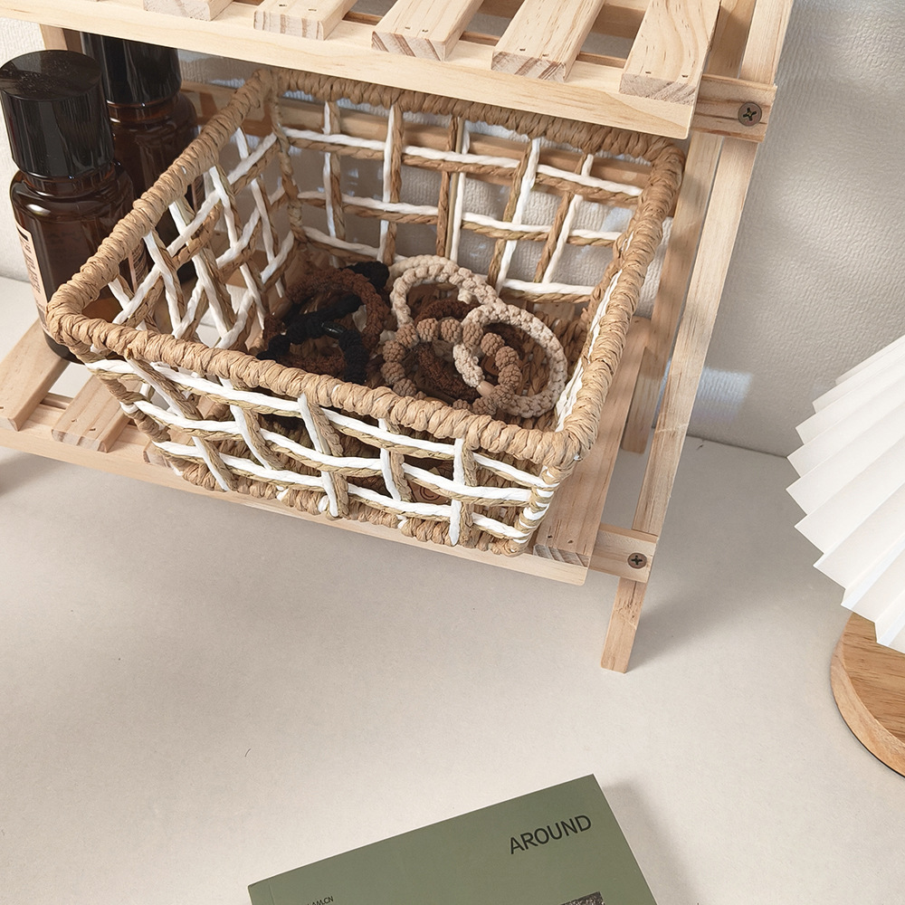 Ins風手作り紙ひも編みかご多機能間食雑物整理かご透かし化粧品デスクトップ収納ケース