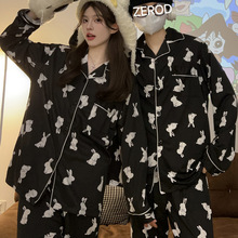 跨境批发情侣睡衣女卡通小白兔春秋款长袖小翻领厂家家居服可外穿