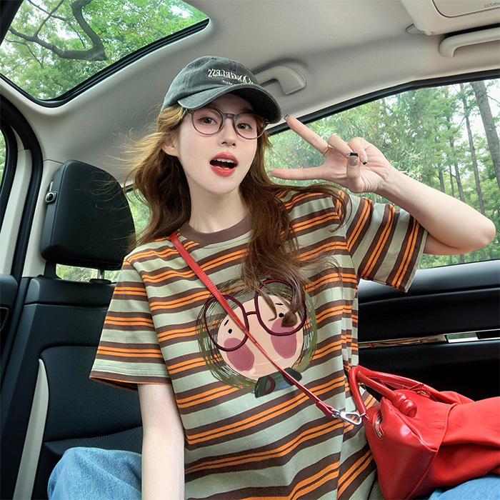 European oversize Striped Loose Short-sleeved T-shirt Women's Salt Style Fun Cartoon Graffiti Mid-length Western Style Top European oversize Striped Loose Short-sleeved T-shirt Women's Salt Style Fun Cartoon Graffiti Mid-length Western Style Top