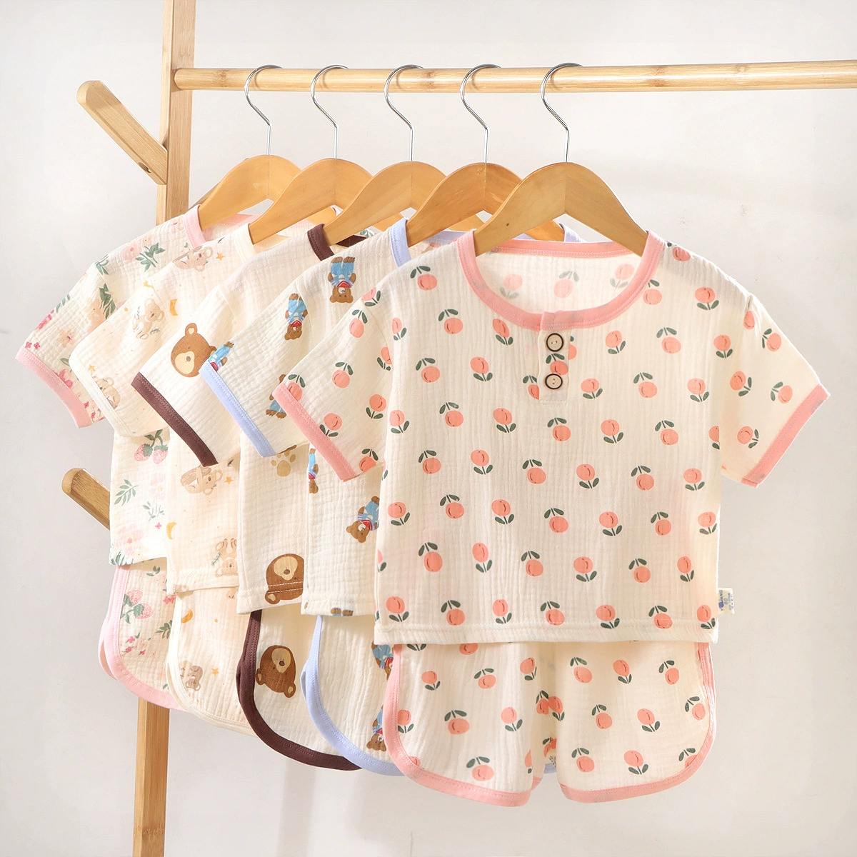 Новые детские двухслойные марлевые шорты с короткими рукавами пижамы летом для мужчин и женщин