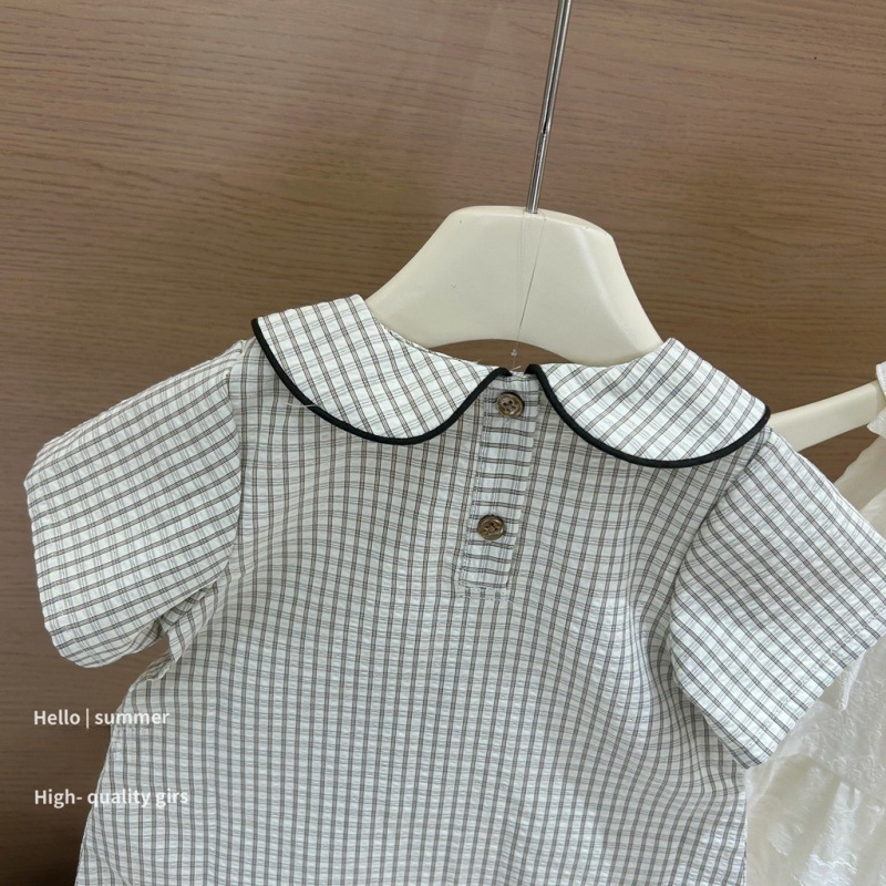 Vestido de siete niñas con limón salado, vestido a cuadros con cuello de muñeca en contraste para niñas de verano, vestido de princesa dulce, vestido de estilo occidental