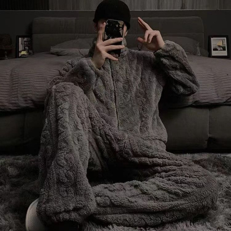 Gray Zipper Coral Velvet Fleece-Lined Thickeneded Pajamas Autumn and Winter Men's Popular 2025 New Home Wear Set