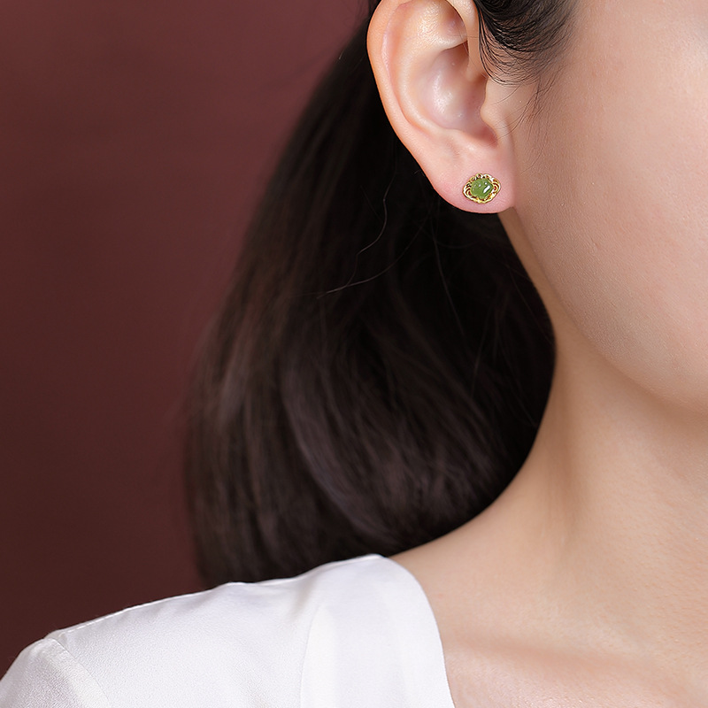 Bông tai bạc S925 đính ngọc Hetian tự nhiên hình Như Ý rỗng — Mẫu bạc