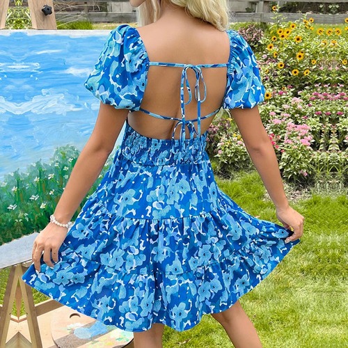 Summer 2025 Sweet and Spicy Style Women's Valentine's Day Sweet Backless Hem Leaf Print Dress